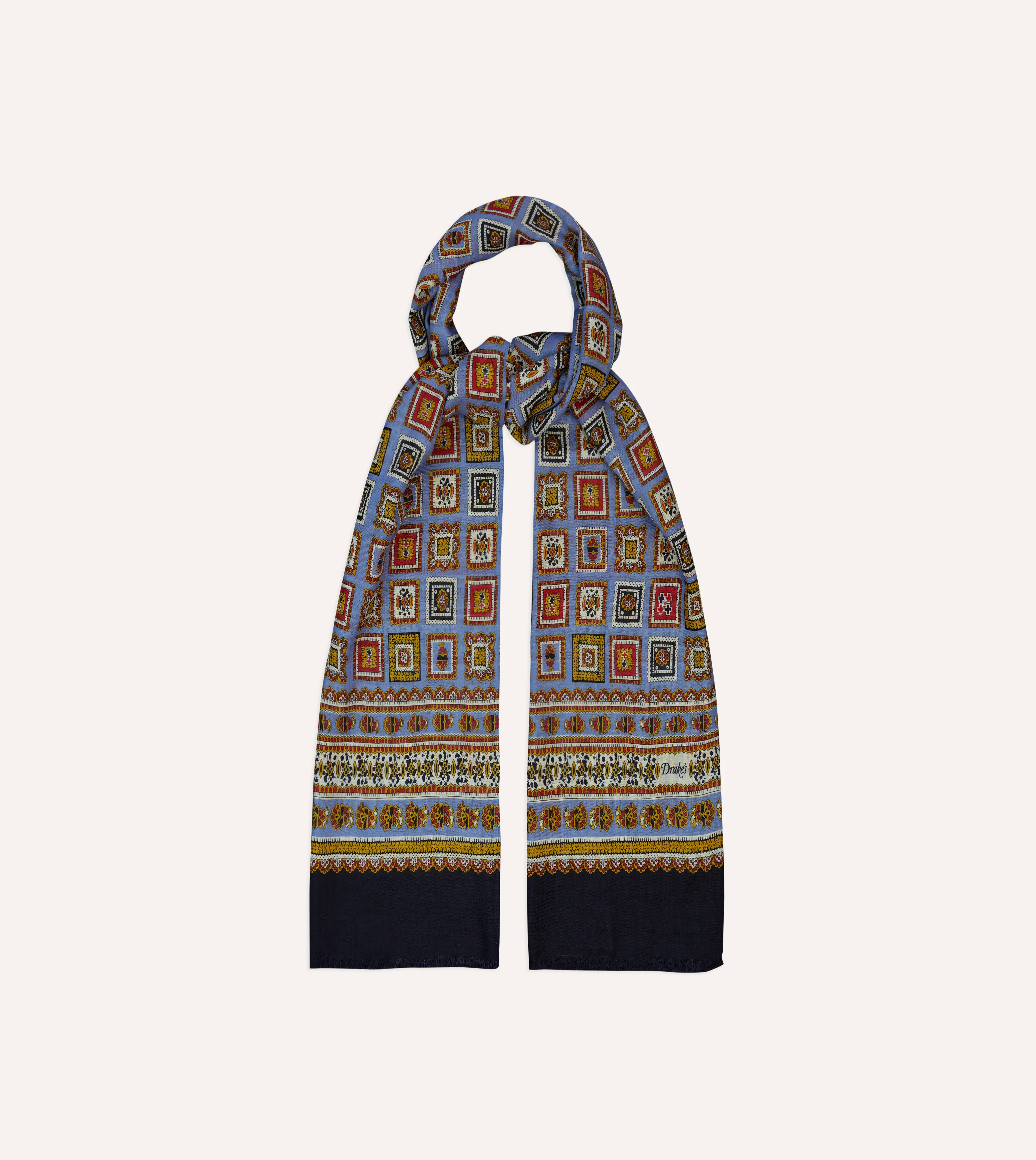 Blue and Black Medallion Print Tubular Wool Silk Scarf - Image 4
