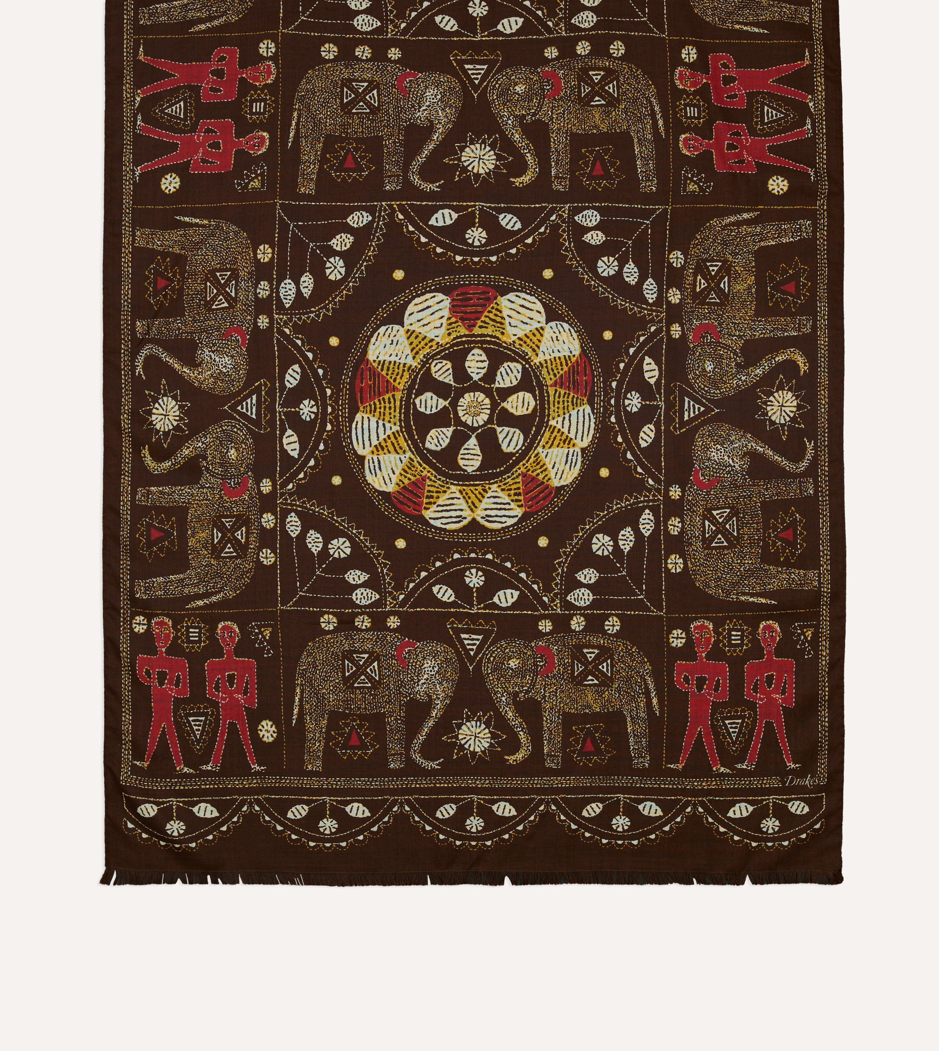 Brown Embroidered Elephant Print Wool Silk Scarf - Image 3