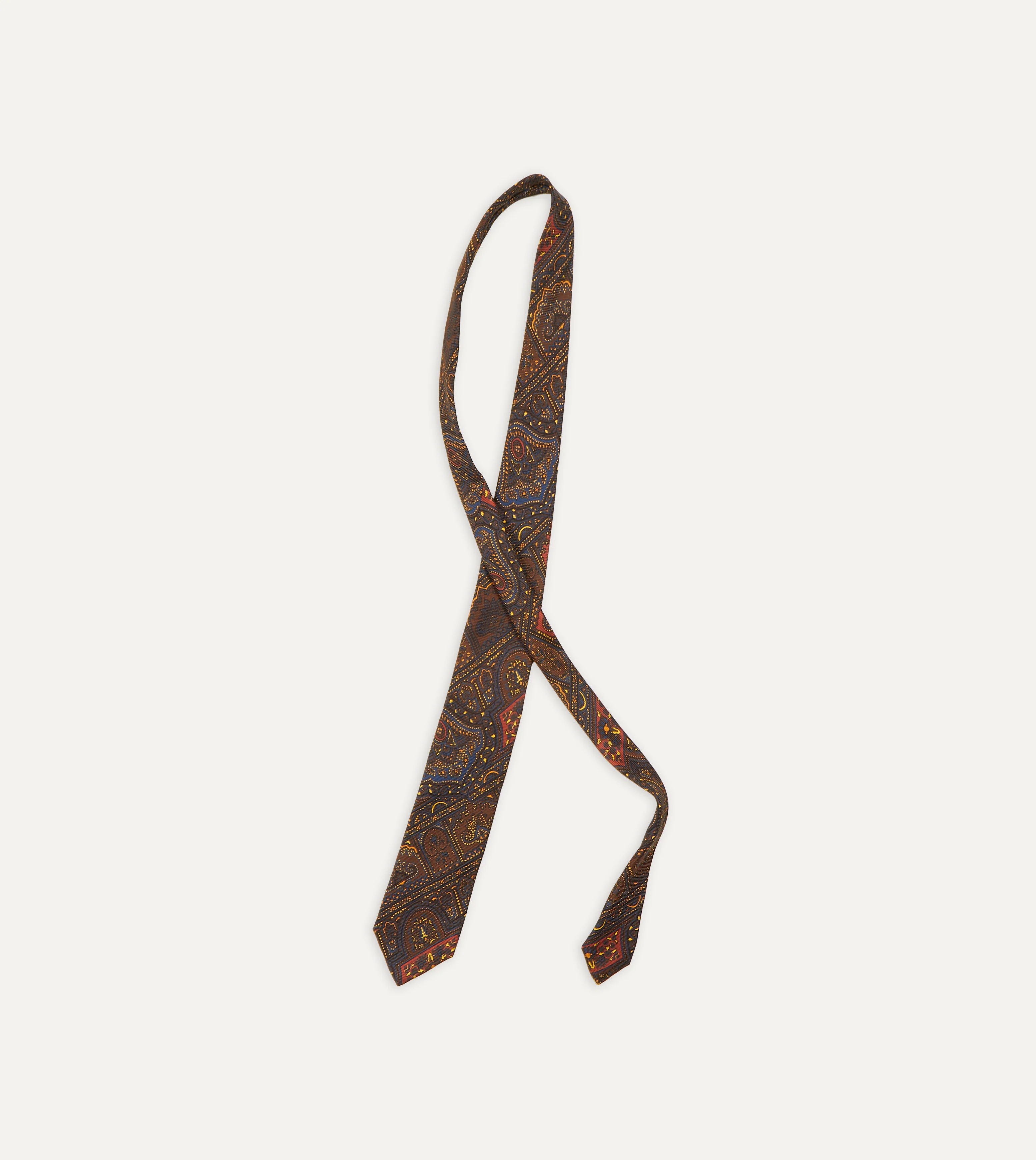 Brown, Navy and Red Paisley Print Madder Twill Silk Tie - Image 4