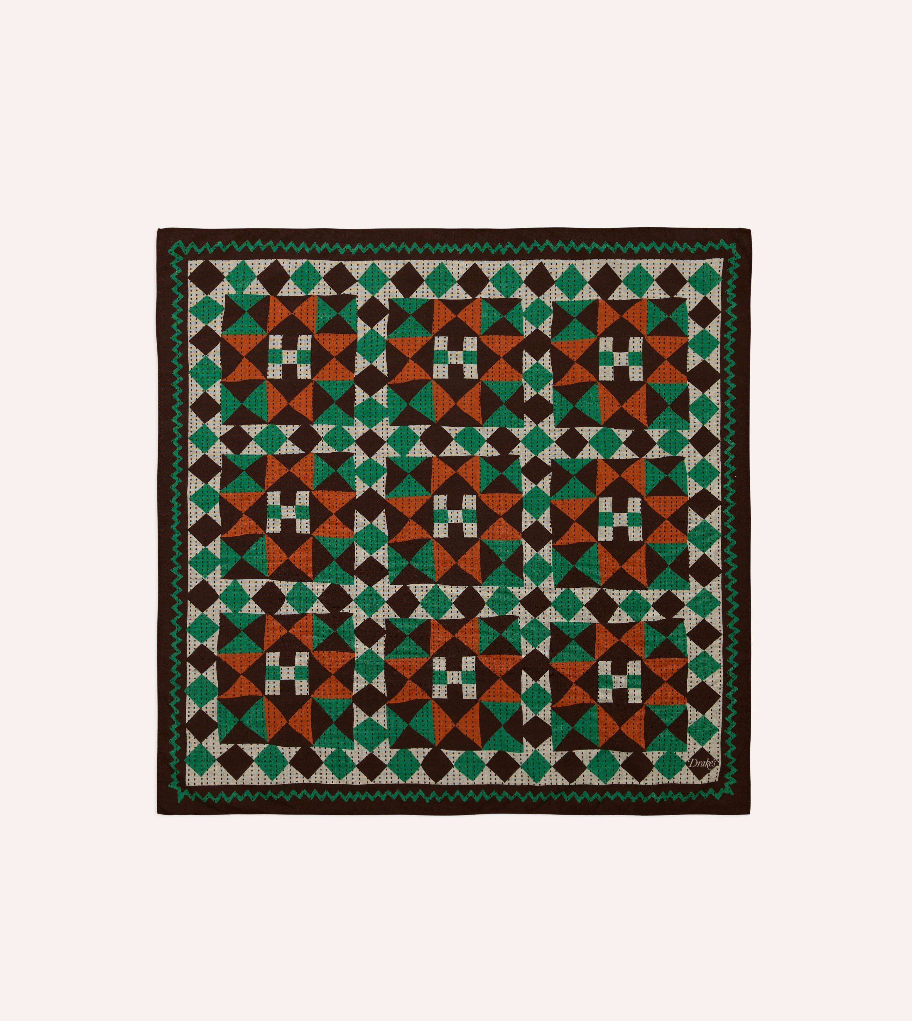 Brown Patchwork Print Wool-Silk Bandana