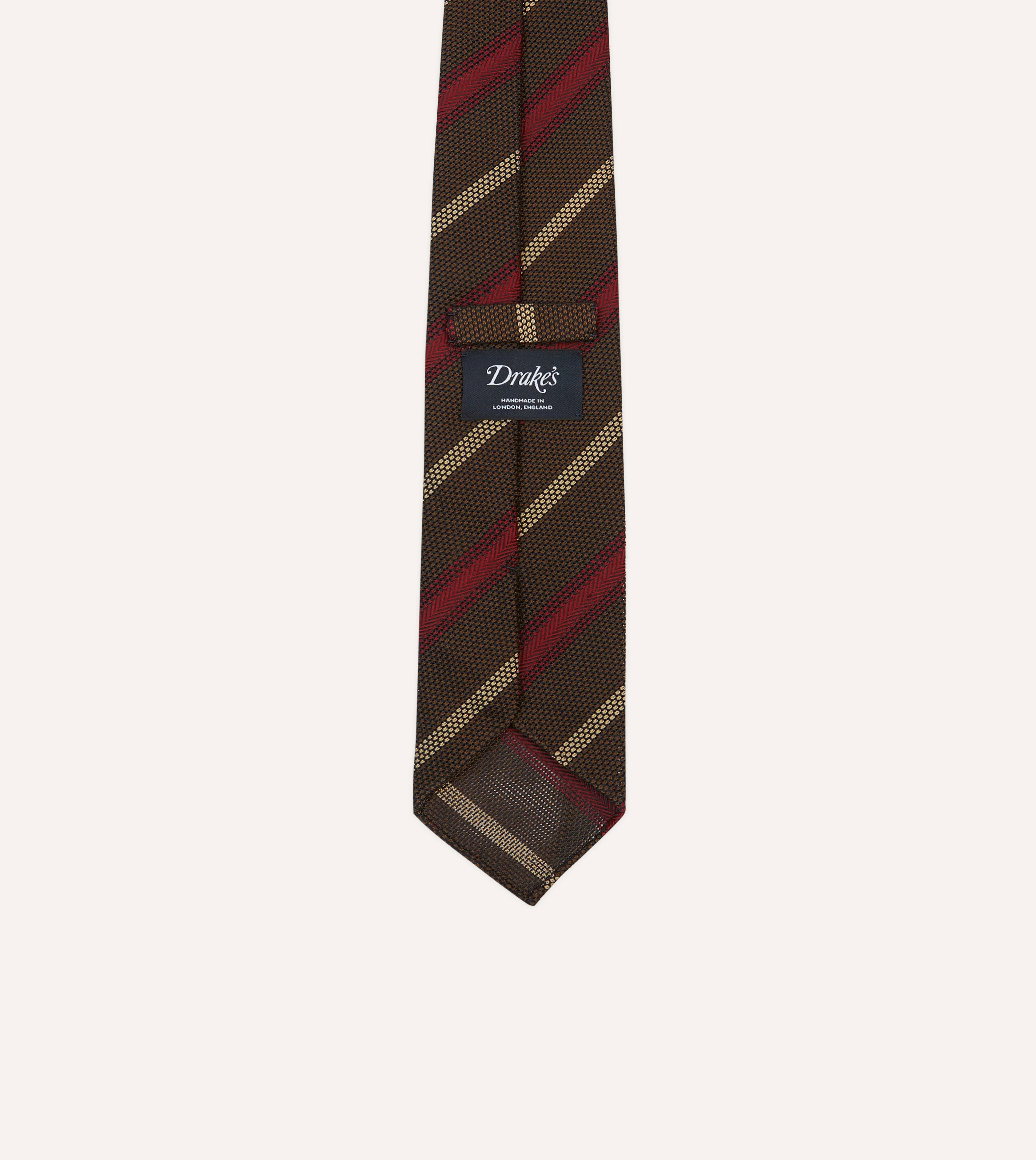 Brown, Red and Ecru Stripe Hand Rolled Silk Grenadine Tie - Image 4