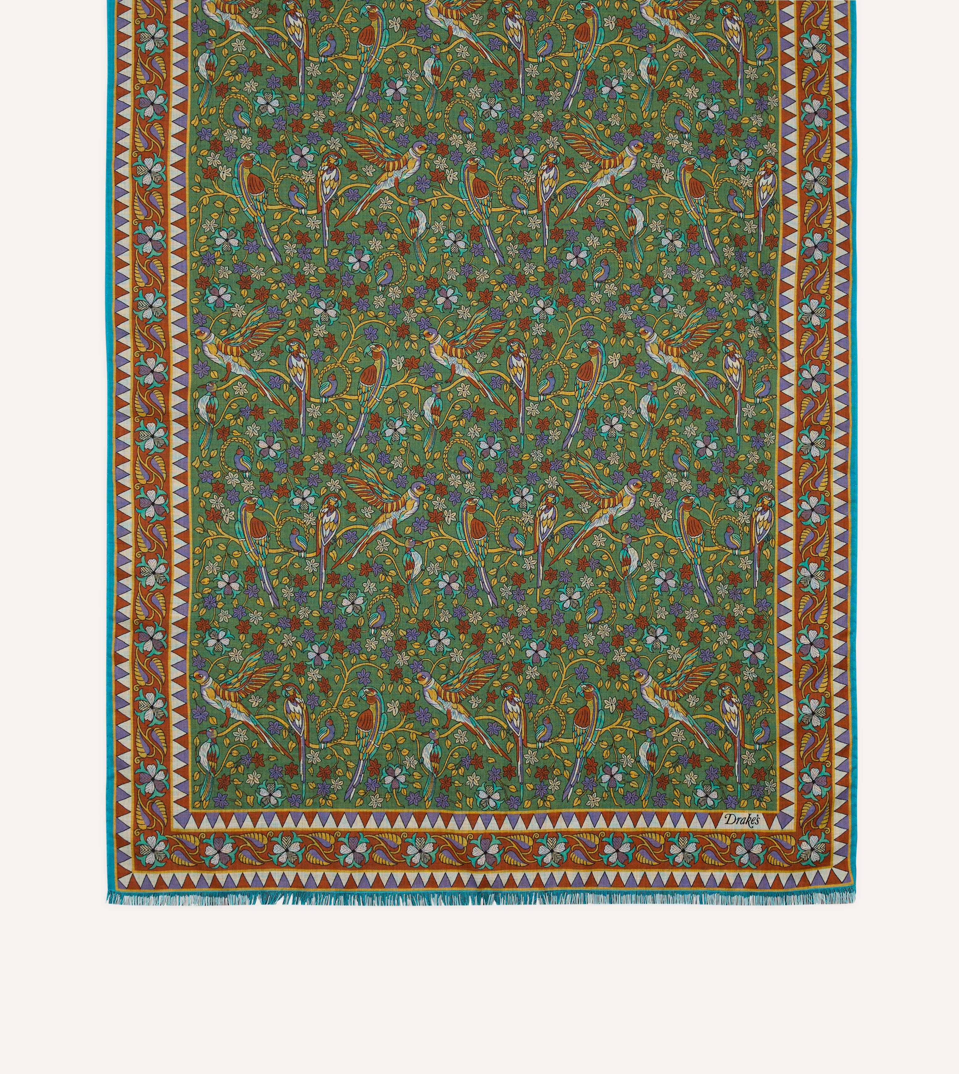 Green Birds and Flowers Print Wool-Silk Scarf - Image 4