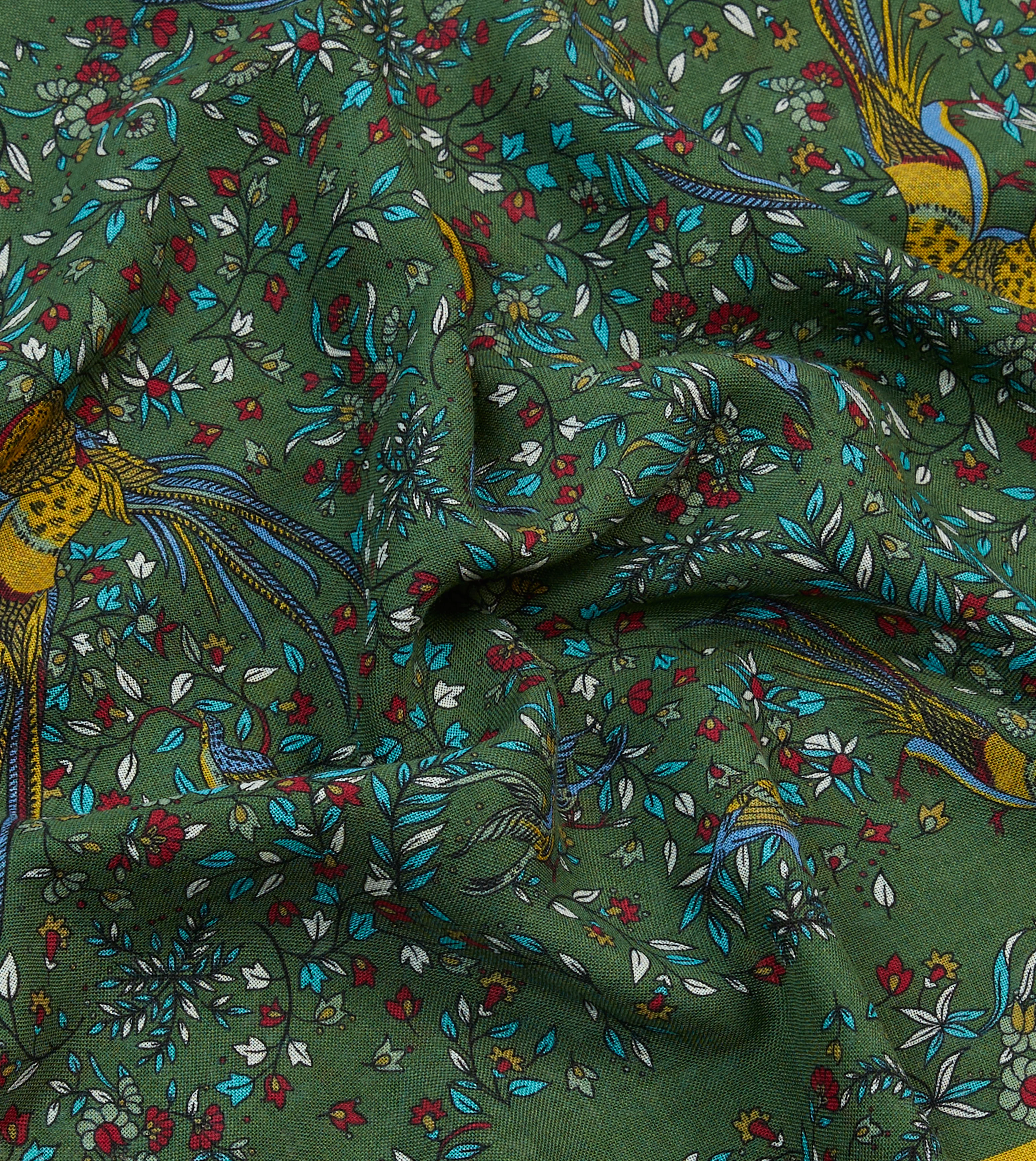 Green Birds of Paradise Print Tubular Wool Silk Scarf - Image 2