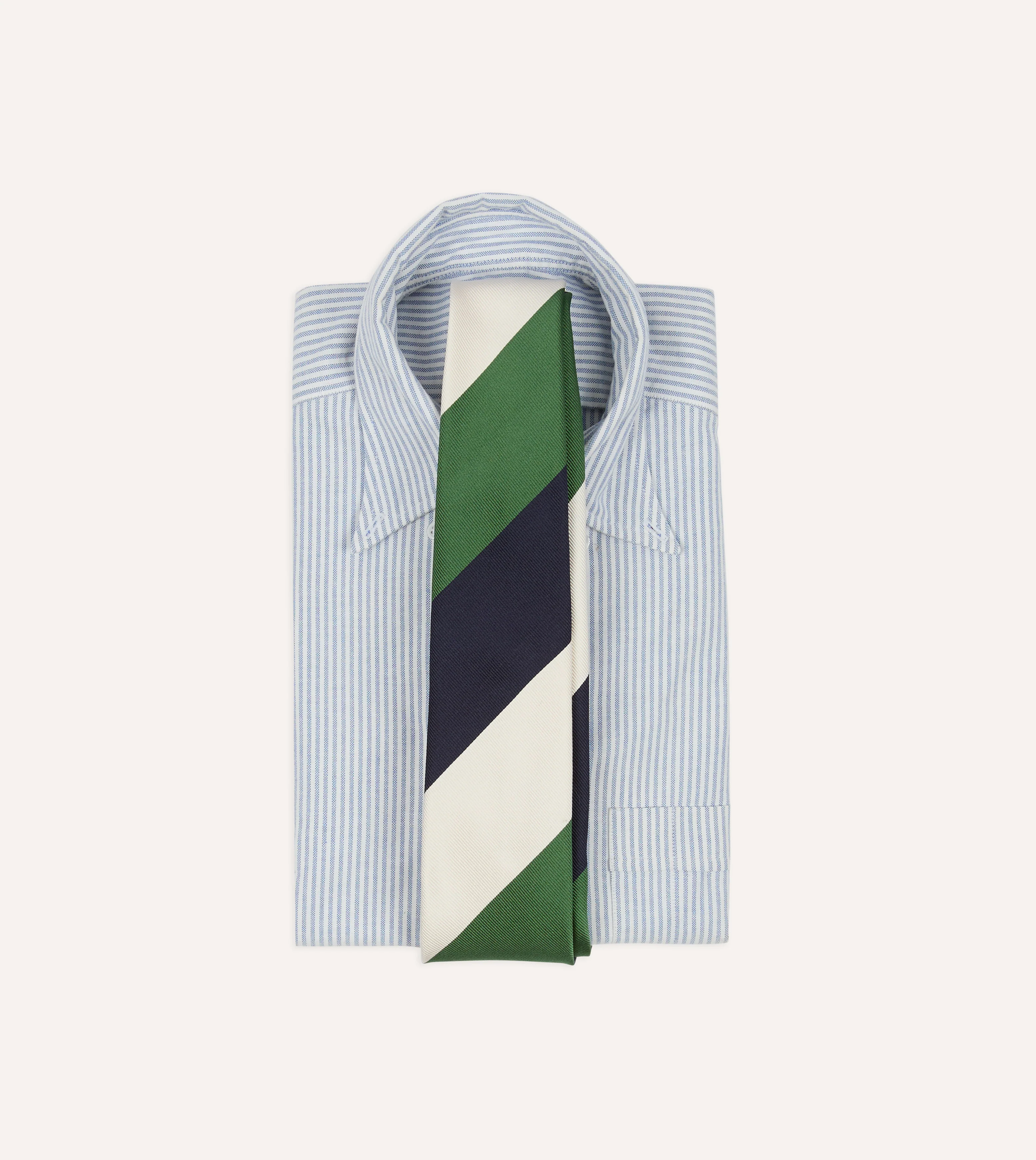 Green, Ecru and Navy Block Stripe Repp Silk Tipped Tie - Image 2