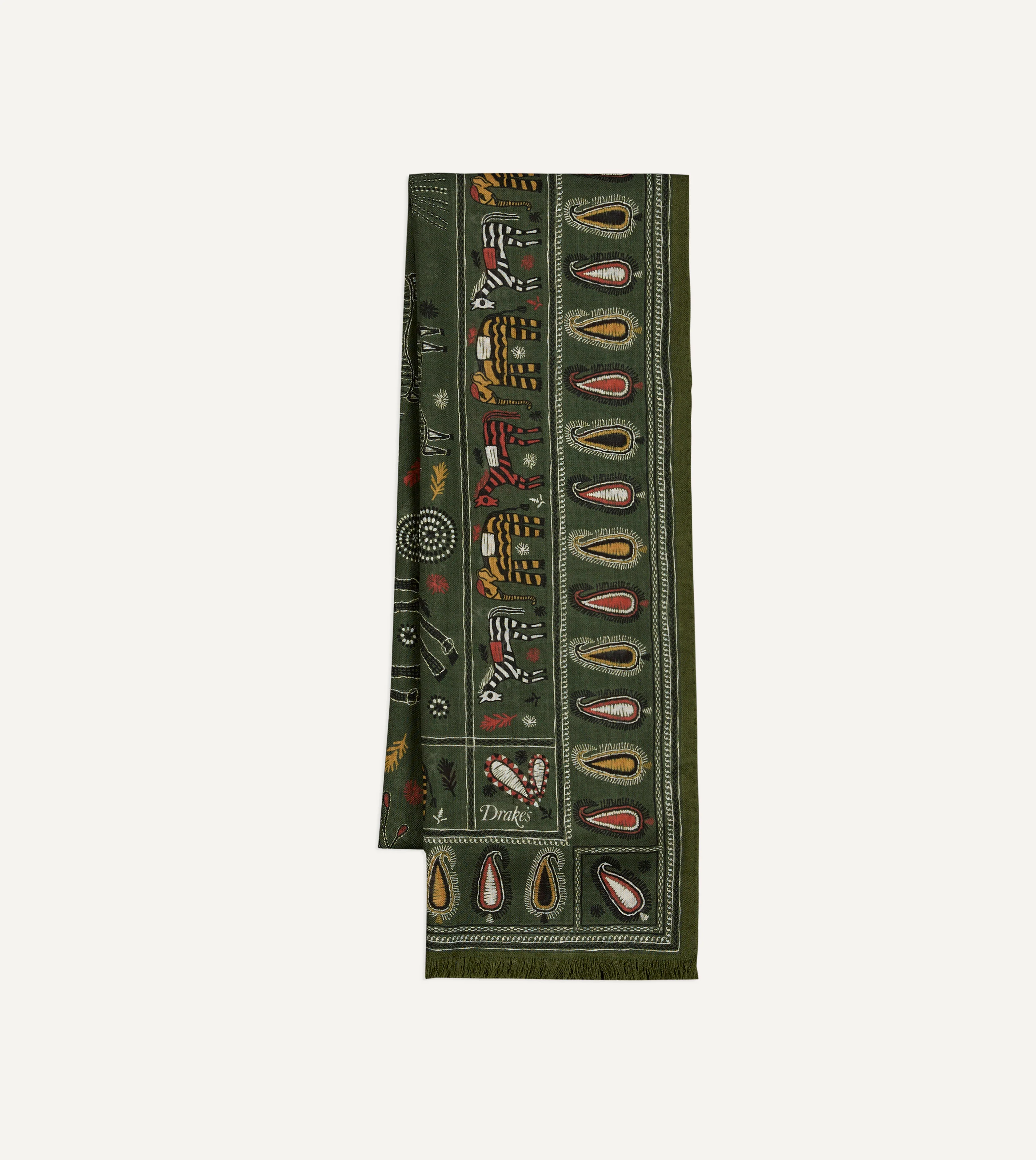 Green Rustic Elephant Print Wool-Silk Scarf