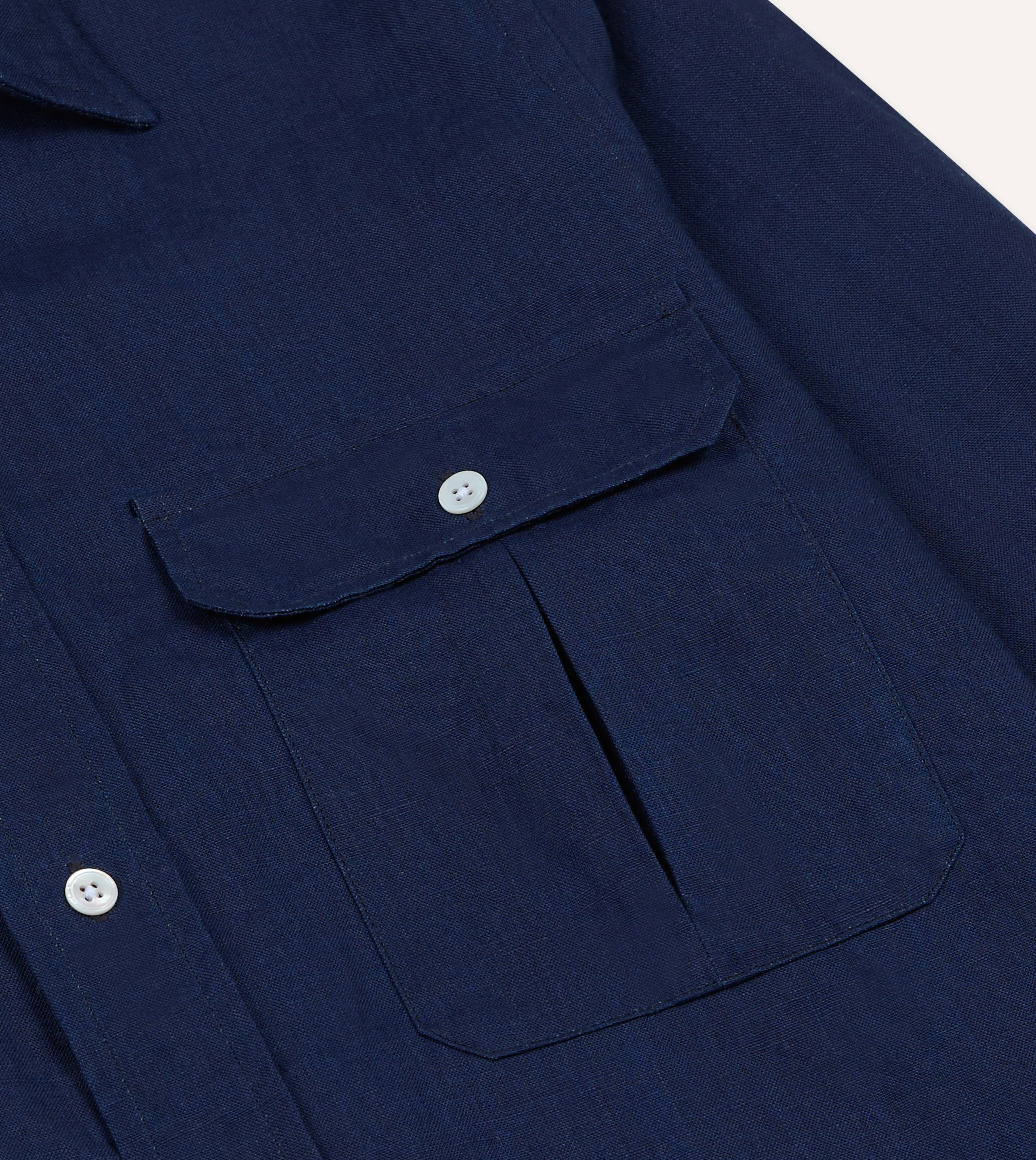 Indigo Linen Two-Pocket Long Point Collar Work Shirt - Image 4