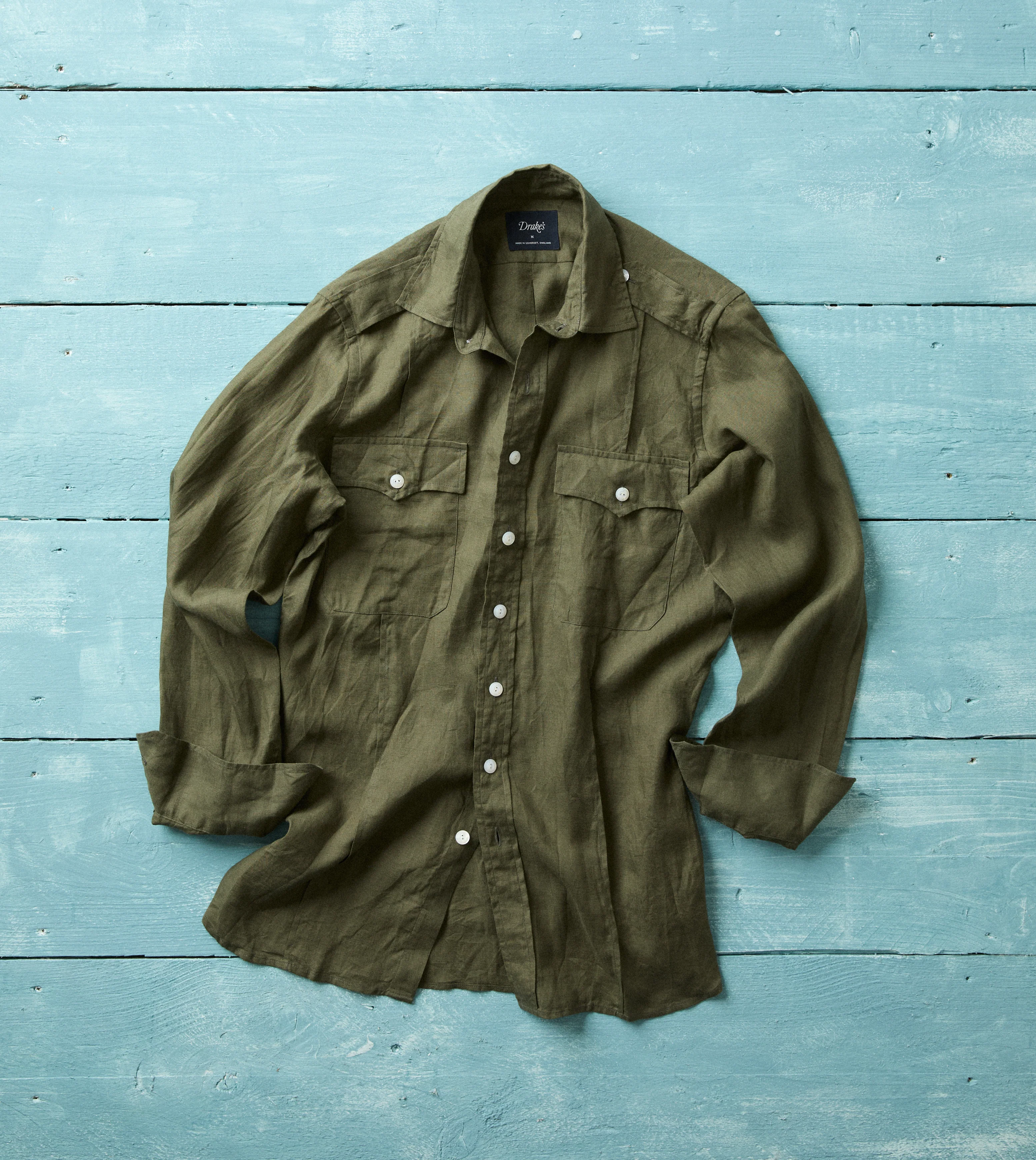 Khaki Linen Pintuck Military Shirt - Image 2