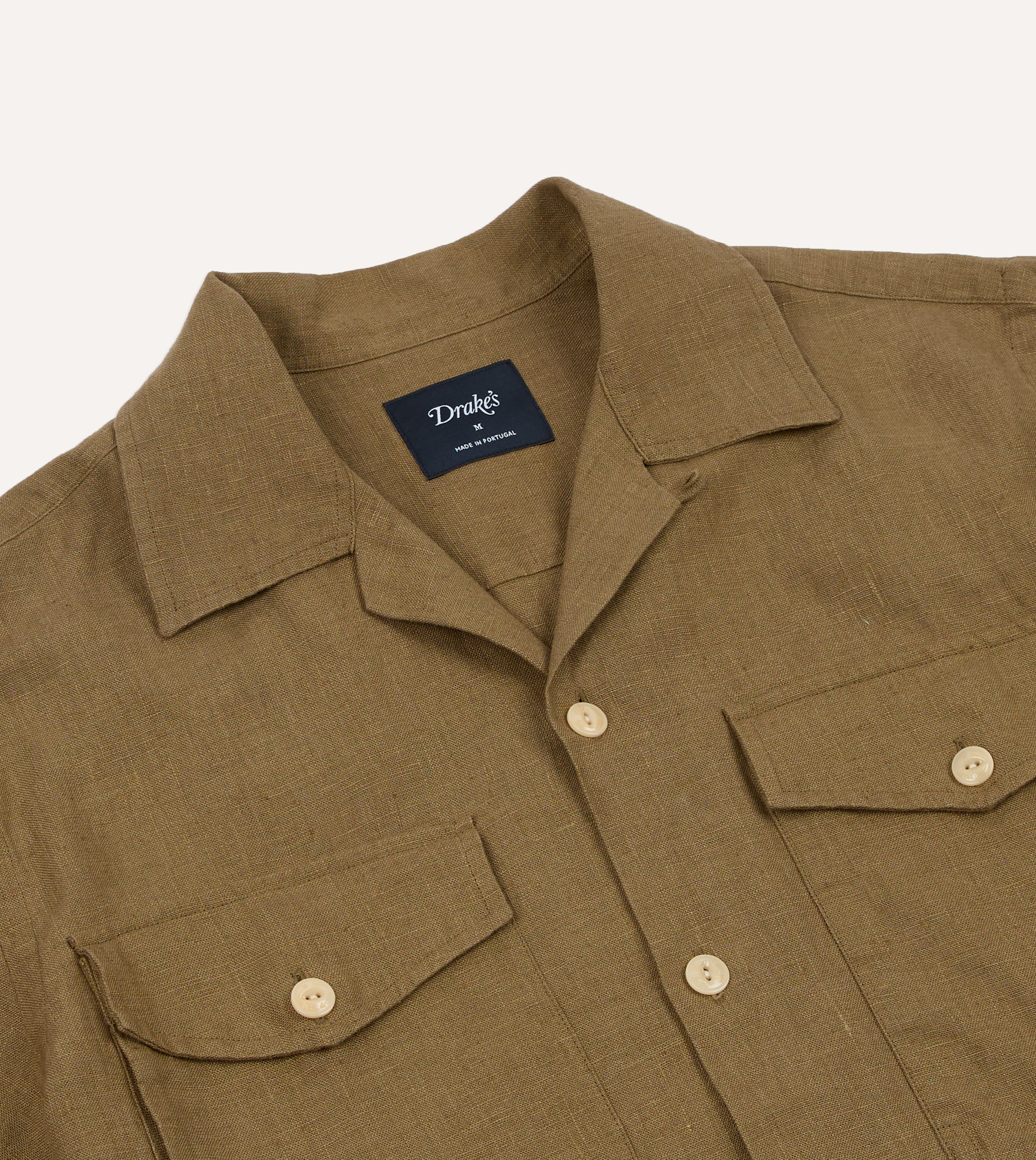 Khaki Linen Short Sleeve Camp Collar Military Shirt - Image 4
