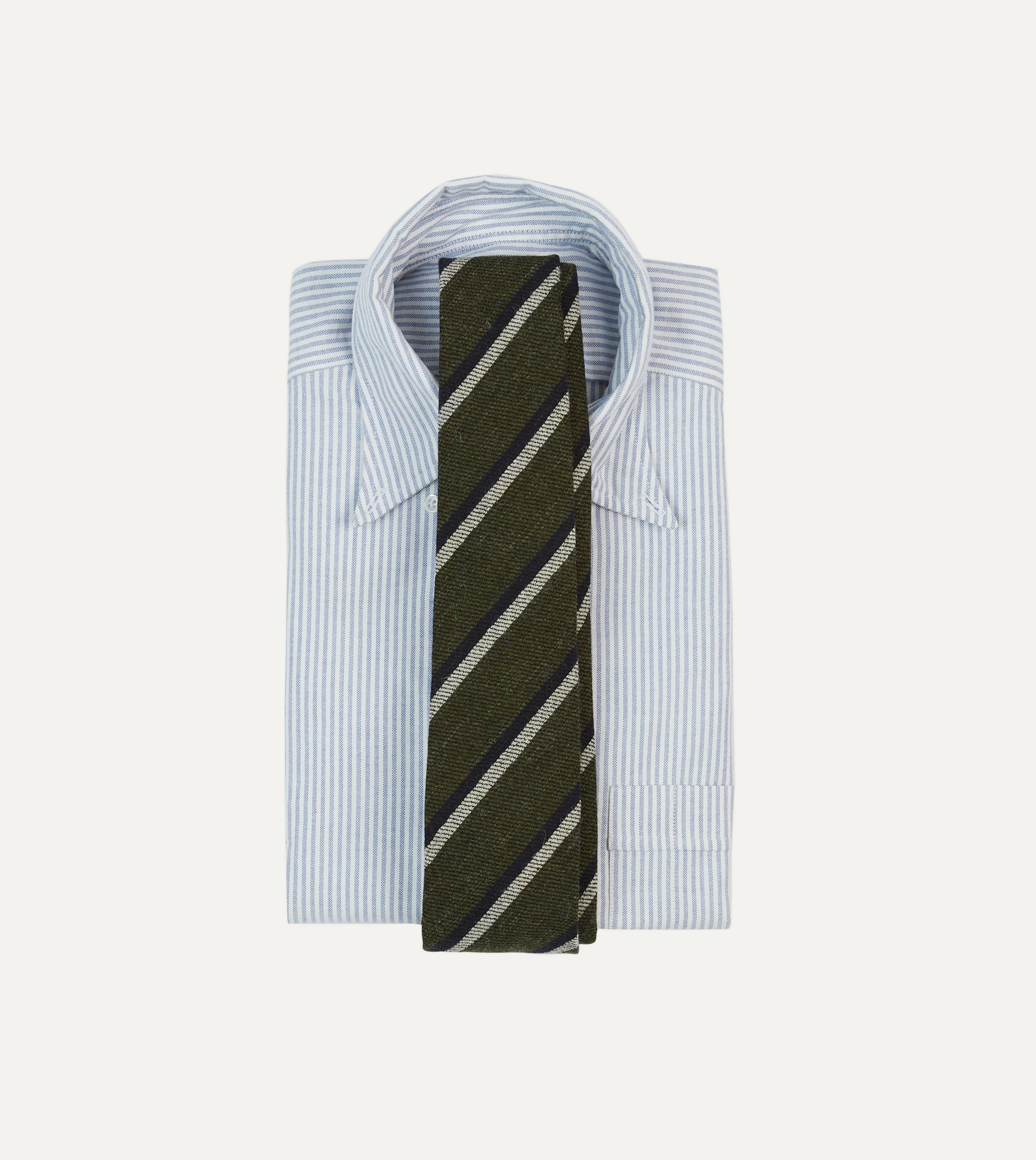 Khaki, White and Navy Double Stripe Tipped Wool Tie - Image 2