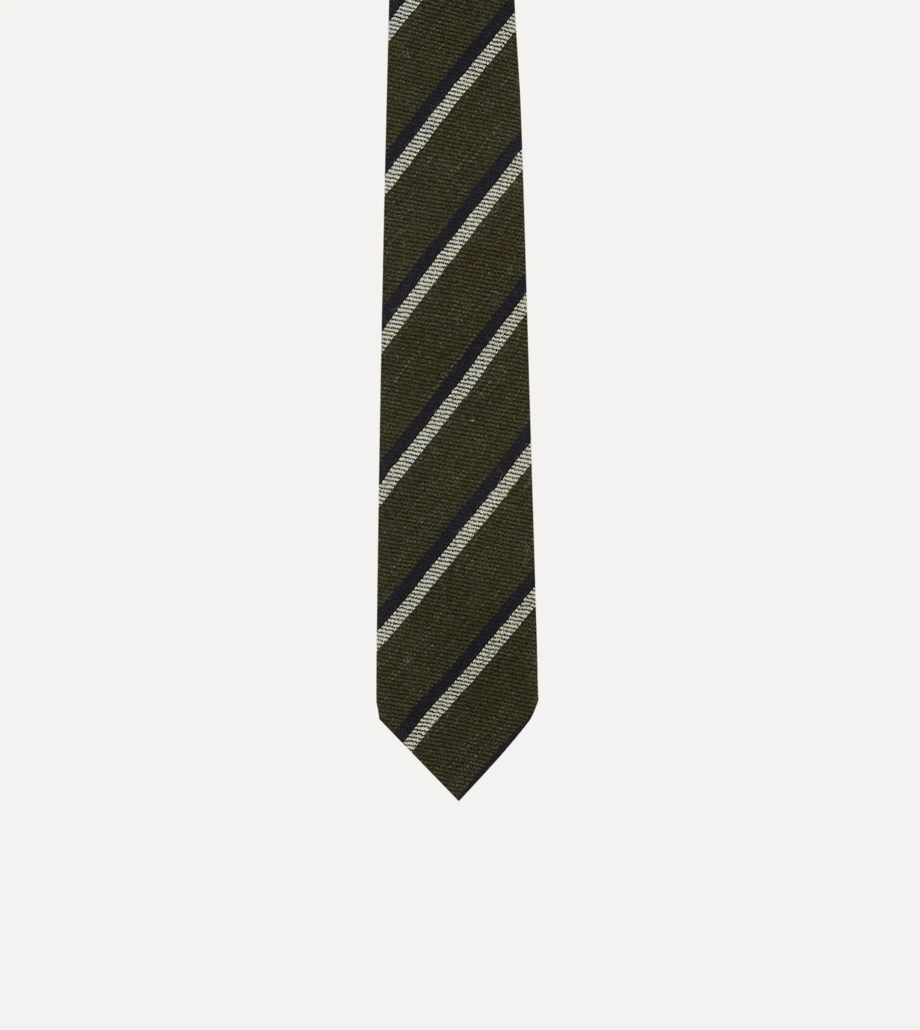 Khaki, White and Navy Double Stripe Tipped Wool Tie - Image 3