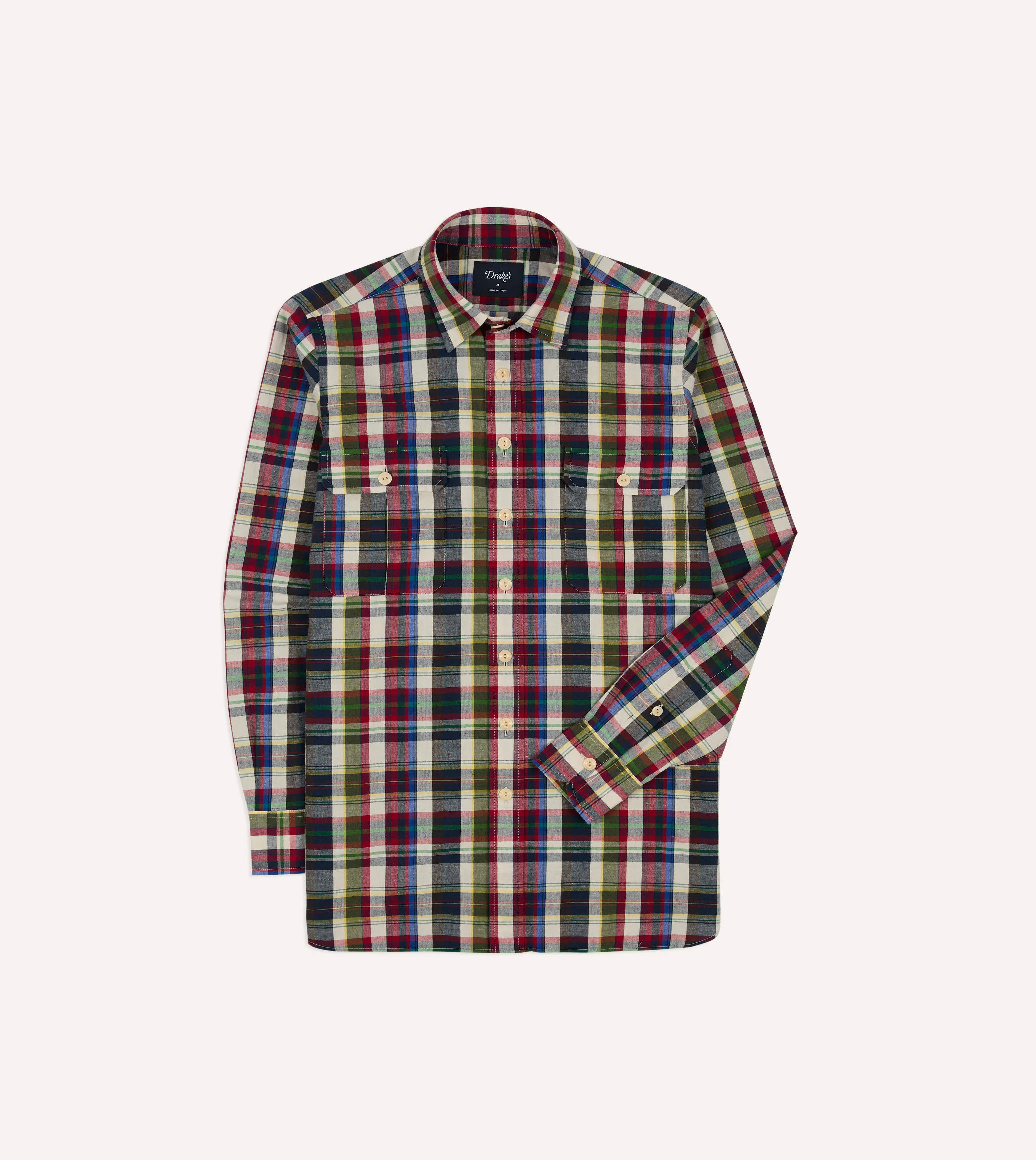 Navy and Red Check Cotton-Linen Two-Pocket Work Shirt - Image 3