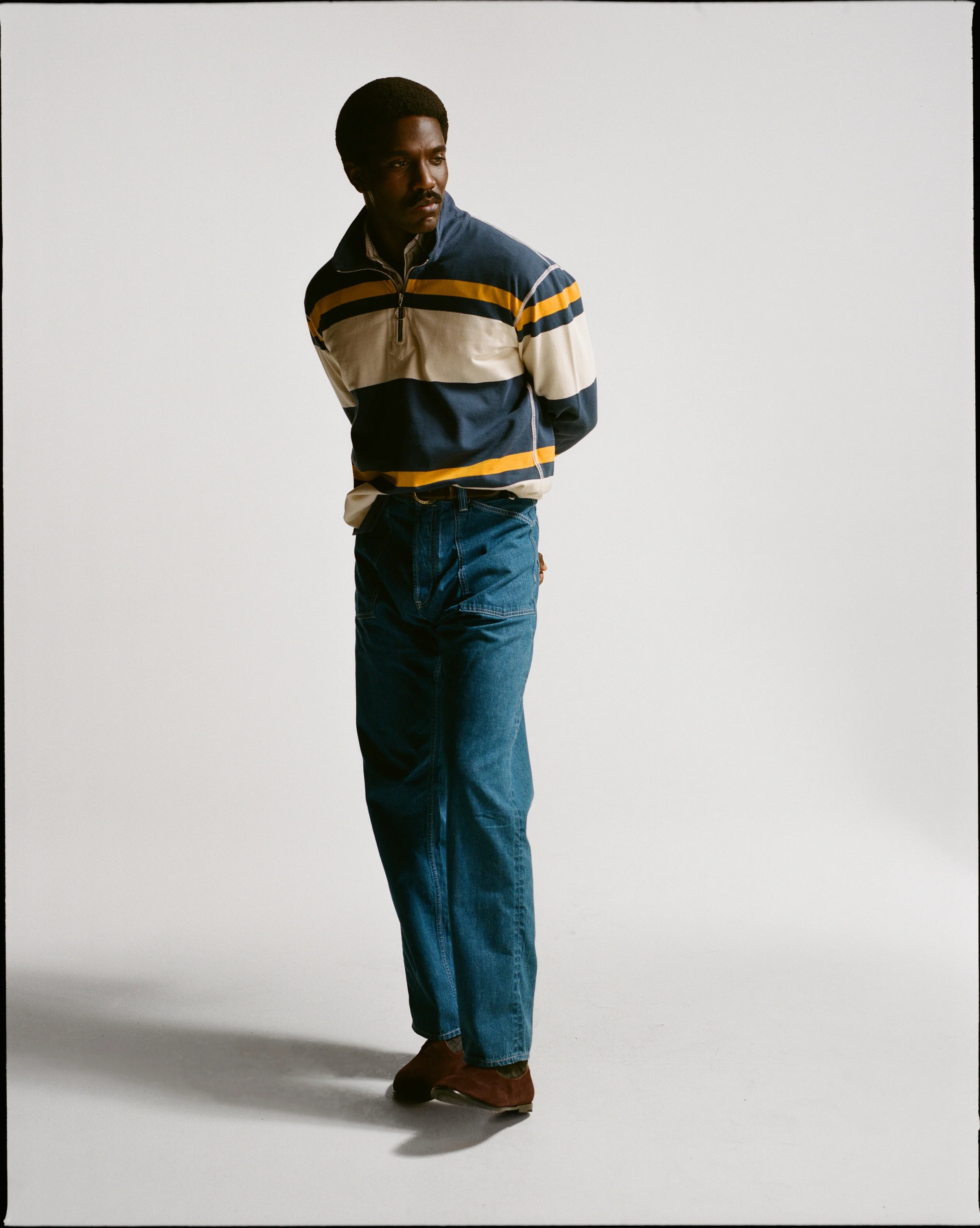 Navy and Yellow Stripe Cotton Quarter Zip Rugby Shirt - Image 8