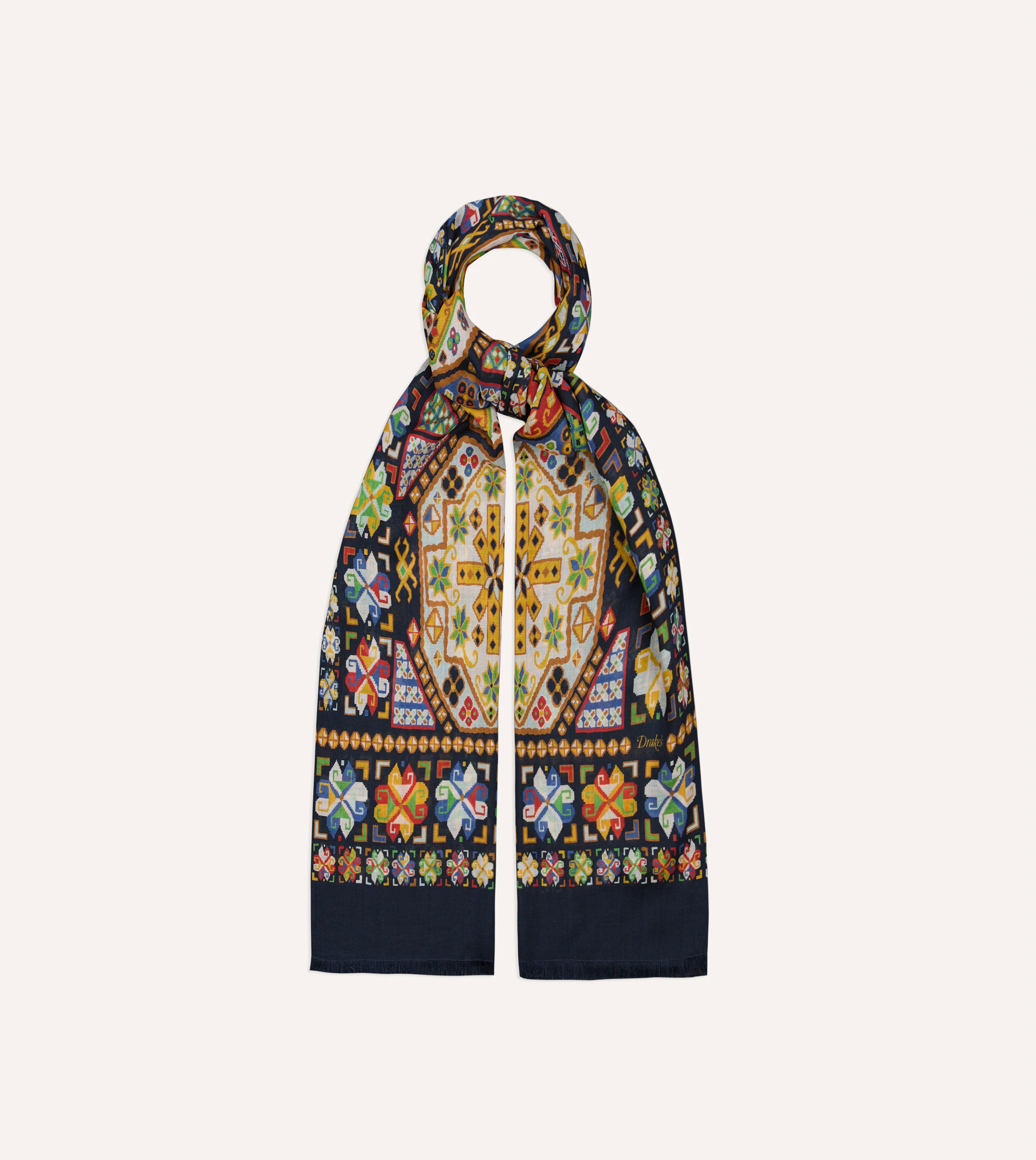 Navy Carpet Print Tubular Wool-Silk Scarf - Image 4