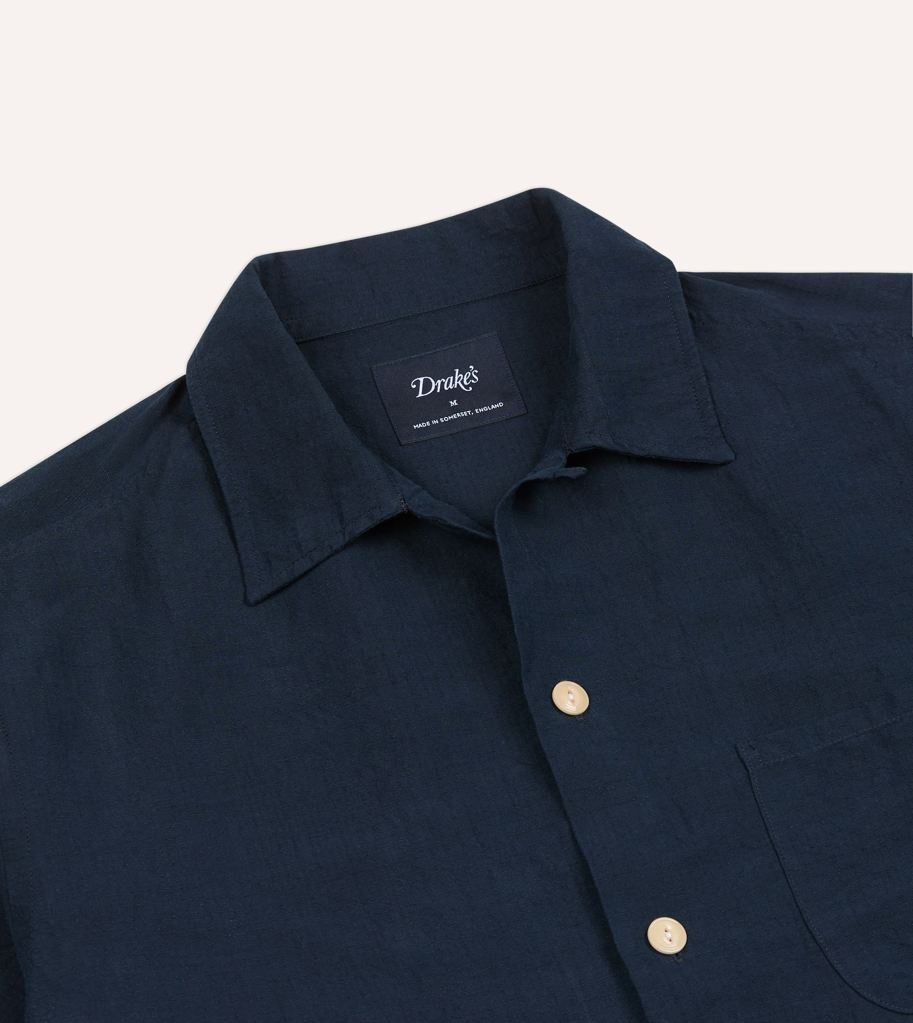 Navy Cotton-Linen Camp Collar Three Pocket Short Sleeve Shirt - Image 3