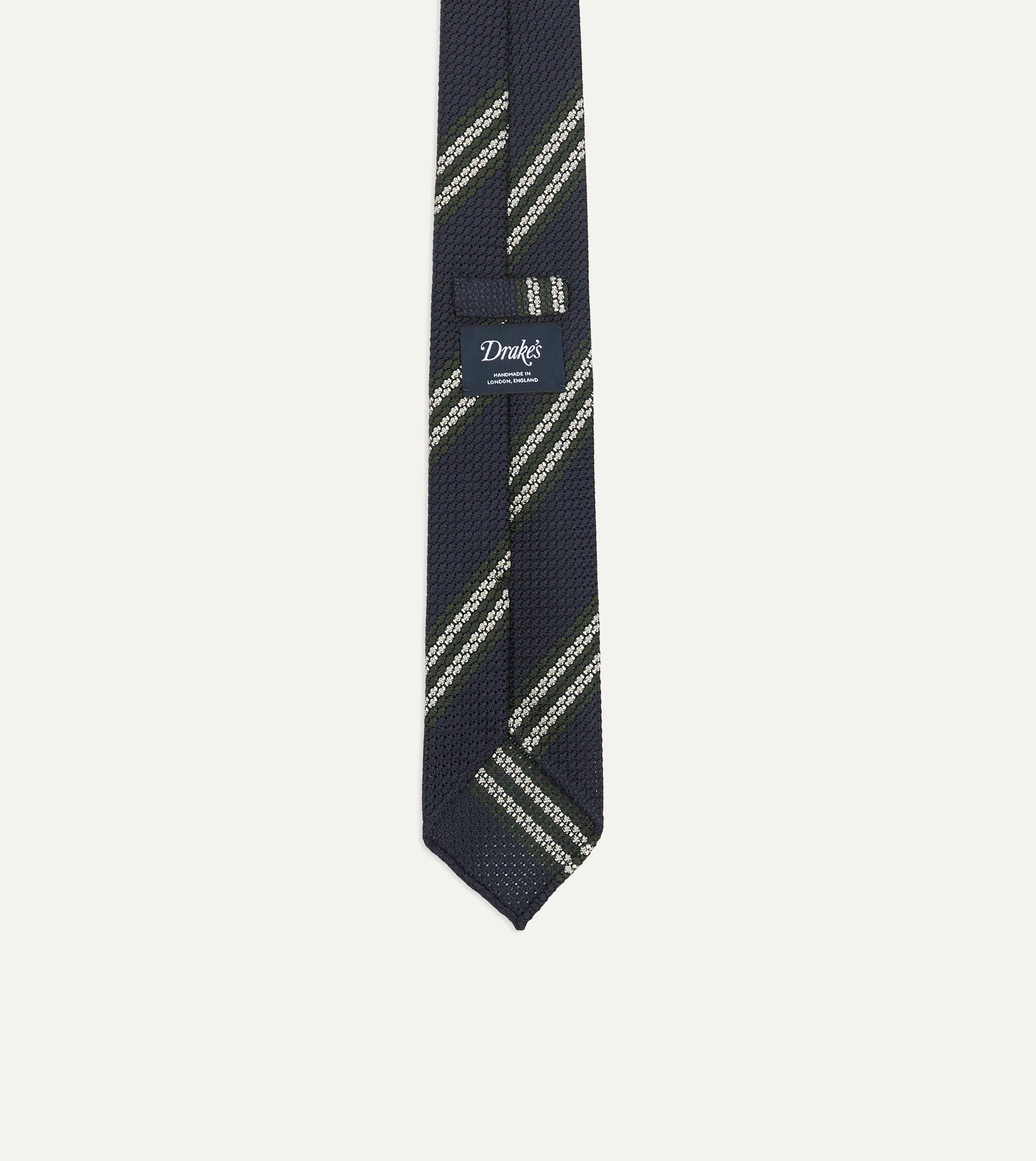 Navy, Green and White Double Stripe Silk Grenadine Tie - Image 3