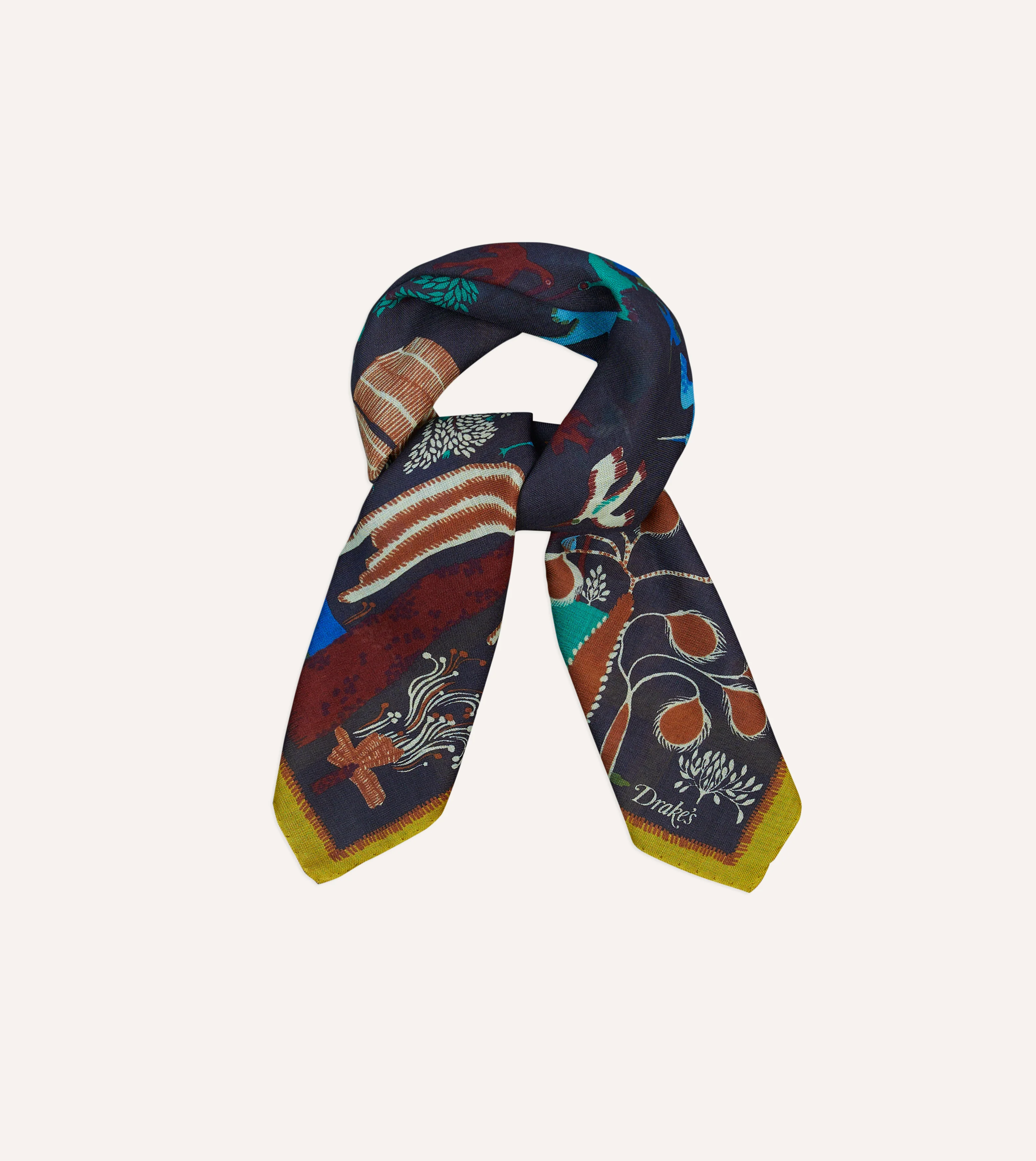 Navy Palm Print Wool-Silk Bandana - Image 5