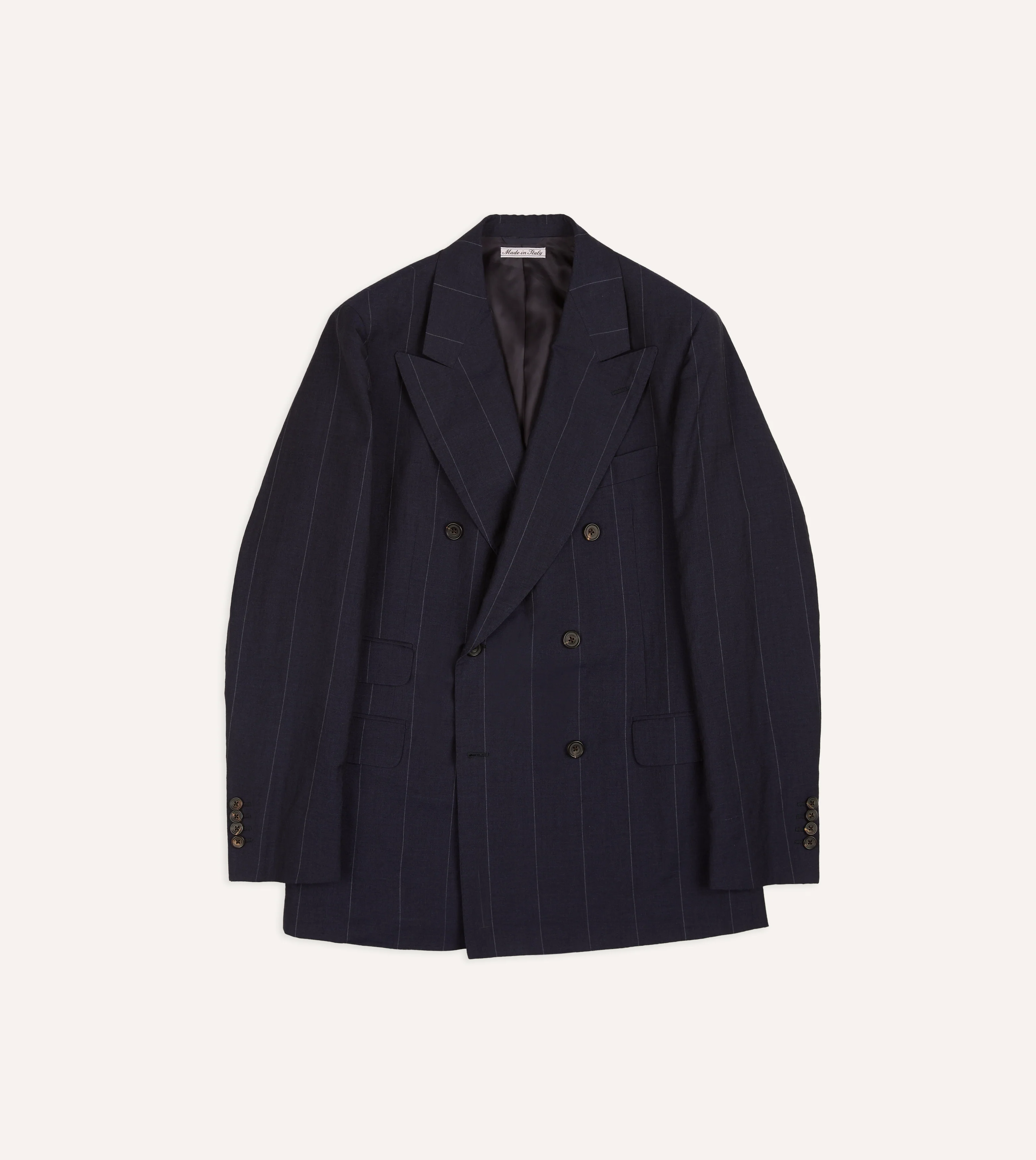 Navy Pinstripe Wool-Linen Double-Breasted Tailored Jacket - Image 2