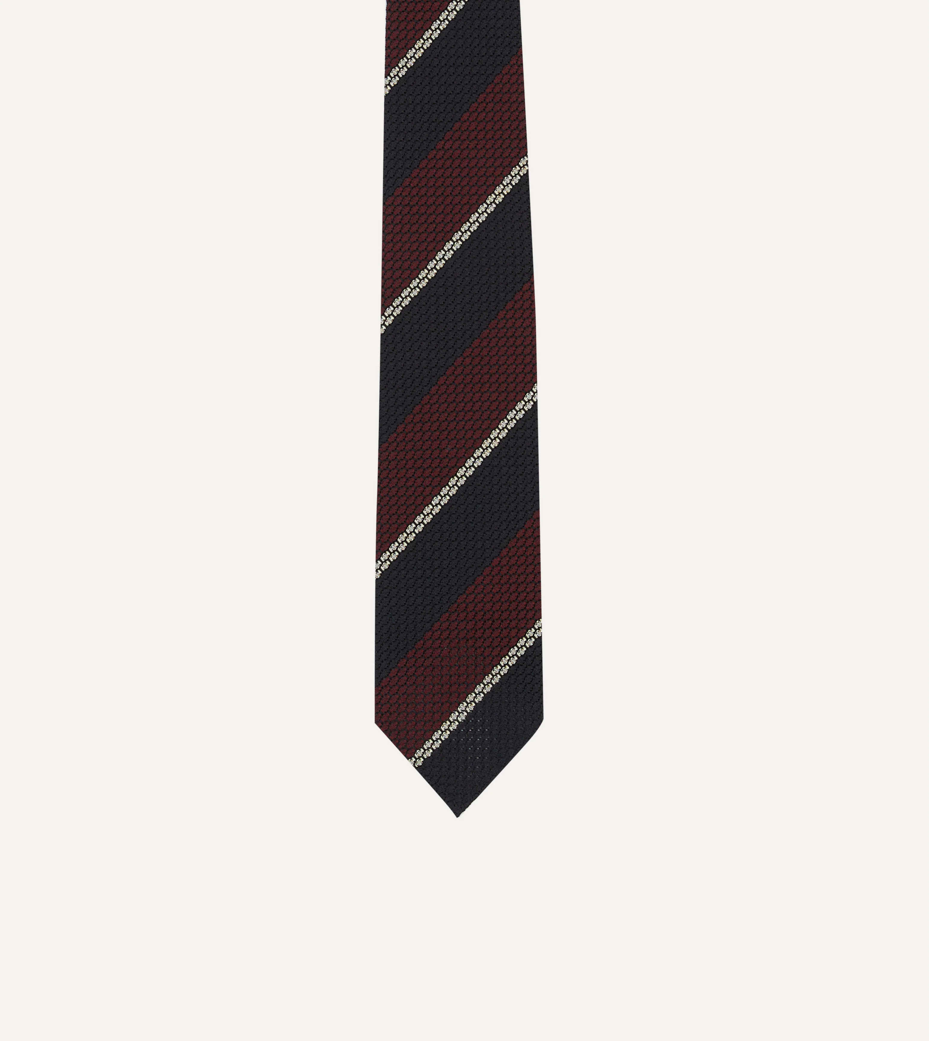 Navy, Red and White Multi Stripe Hand Rolled Silk Grenadine Tie - Image 3