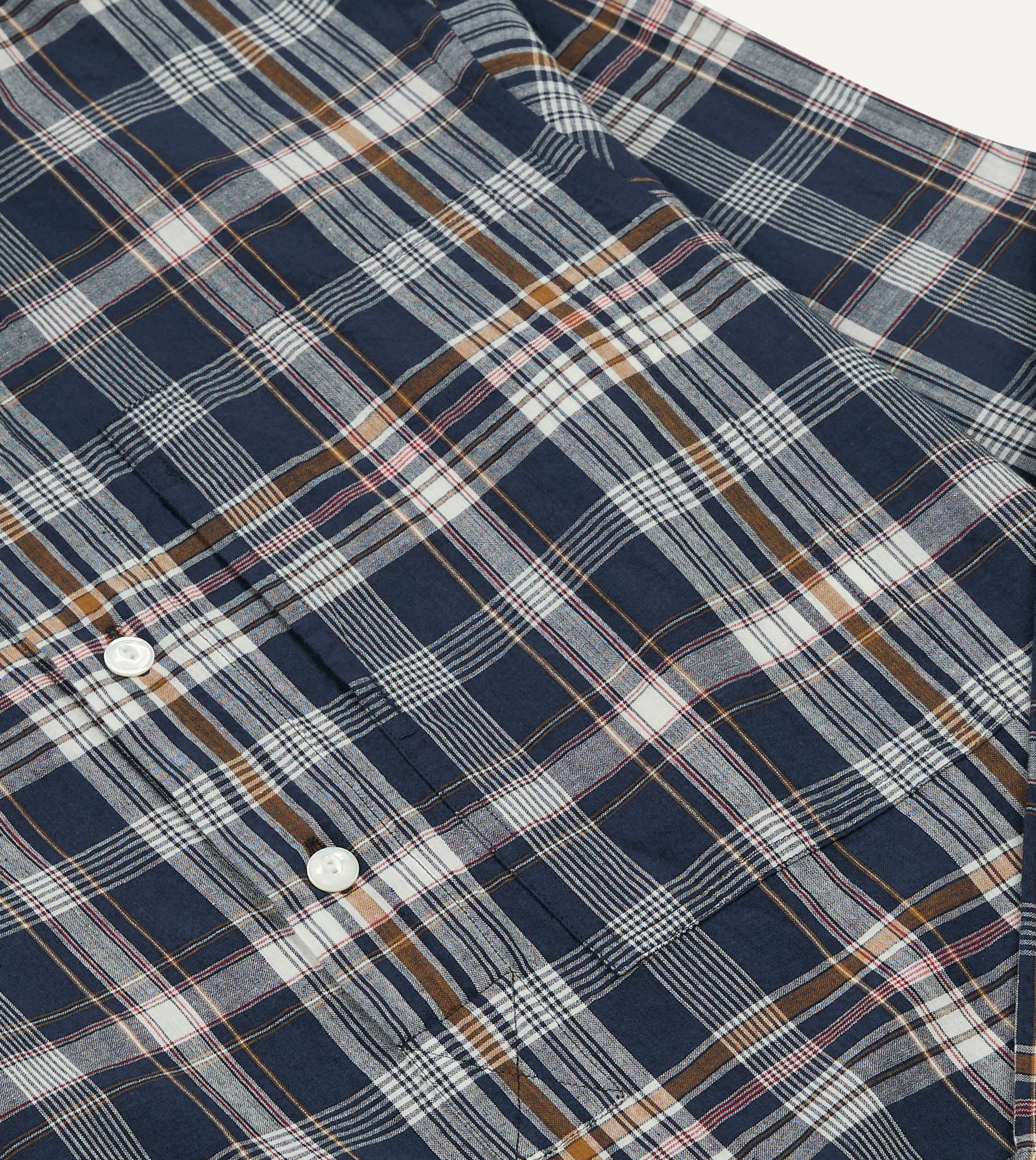 Navy, White and Yellow Madras Check Cotton Mandarin Collar Popover Shirt - Image 6